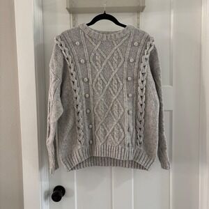 Line & Dot Mila Cable Knit Sweater Gray Pom Pom Accents Crew Neck Size Medium